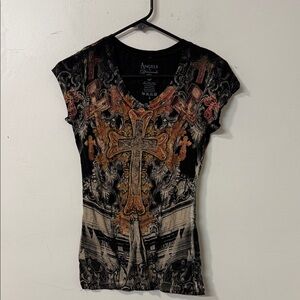 Angels & Diamonds Black and Orange Cross Graphic Tee vintage y2k